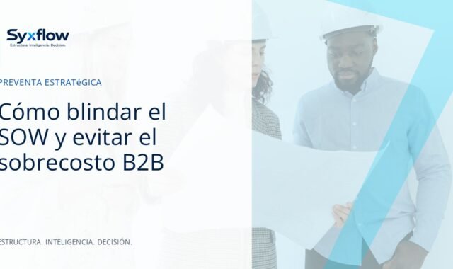 Ingenieros de preventa y directores de proyectos revisando especificaciones técnicas y matrices de supuestos en una oficina luminosa